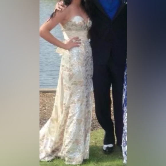 Gold & Silver Sequin Floor Length Sweetheart Strapless Prom Dress Evening Gown - Picture 13 of 13